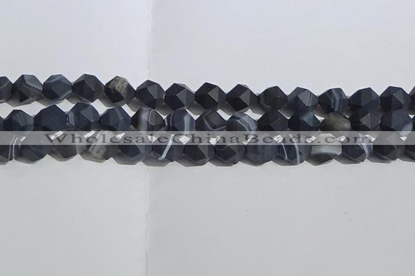 CAA1245 15.5 inches 12mm faceted nuggets matte black line agate beads