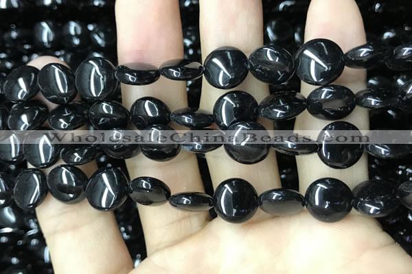 CAA2527 15.5 inches 12mm flat round black agate beads wholesale