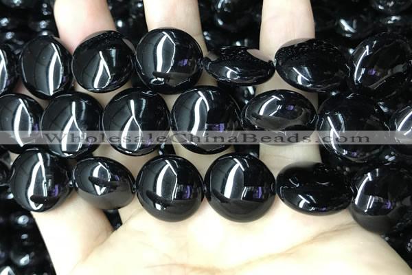 CAA2533 15.5 inches 30mm flat round black agate beads wholesale