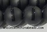 CAA3653 15.5 inches 12mm round matte & carved black agate beads