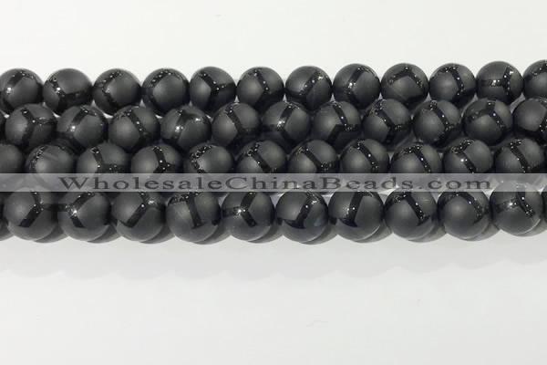 CAA3657 15.5 inches 10mm round matte & carved black agate beads