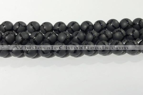 CAA3658 15.5 inches 12mm round matte & carved black agate beads