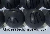 CAA3663 15.5 inches 12mm round matte & carved black agate beads