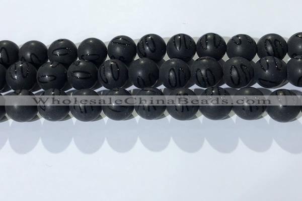 CAA3663 15.5 inches 12mm round matte & carved black agate beads