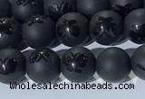 CAA3665 15.5 inches 6mm round matte & carved black agate beads