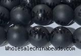 CAA3670 15.5 inches 6mm round matte & carved black agate beads