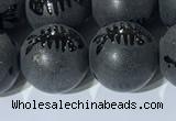 CAA3673 15.5 inches 12mm round matte & carved black agate beads