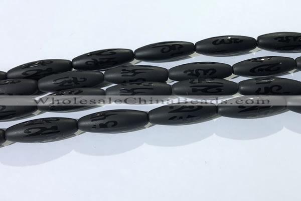 CAA3682 15.5 inches 10*30mm rice matte & carved black agate beads