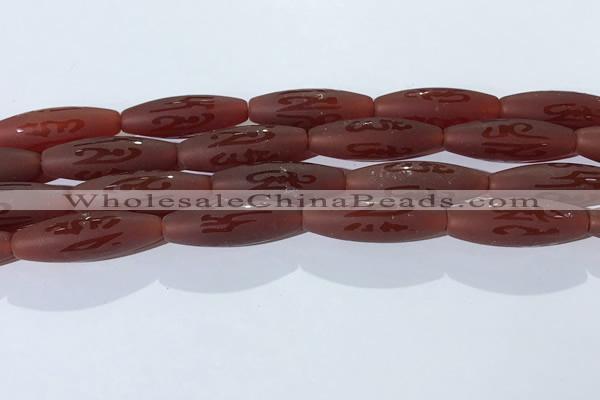 CAA3695 15.5 inches 10*30mm rice matte & carved red agate beads