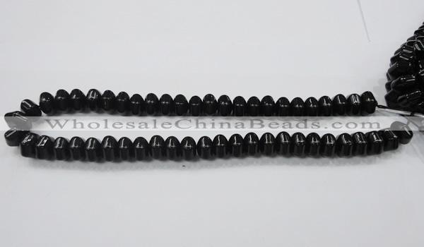 CAB340 15.5 inches 8*14mm hexagon rondelle black agate gemstone beads