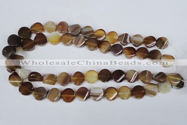 CAG3151 15.5 inches 14mm twisted coin brown line agate beads