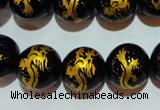 CAG3382 15.5 inches 14mm carved round black agate beads wholesale