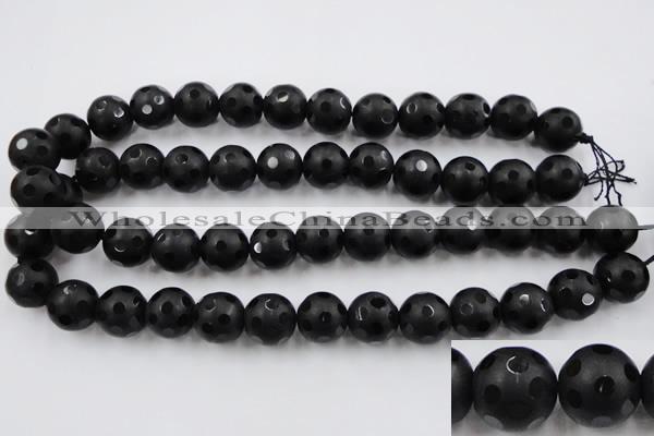 CAG3674 15.5 inches 14mm carved round matte black agate beads