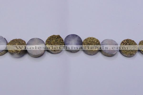 CAG7937 7.5 inches 24mm flat round plated white druzy agate beads