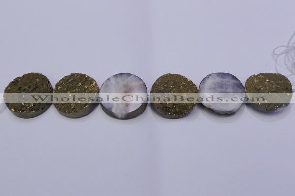 CAG7940 7.5 inches 30mm flat round plated white druzy agate beads