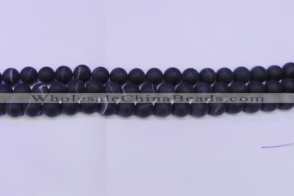 CAG8874 15.5 inches 12mm round matte black line agate beads