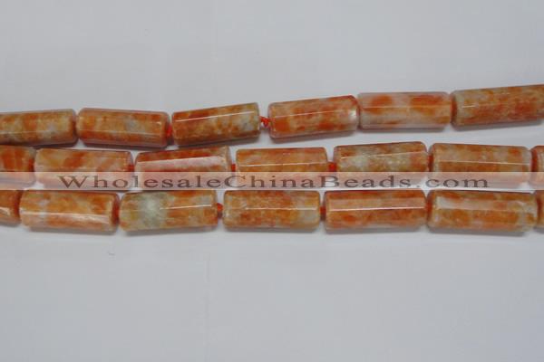 CCA470 15.5 inches 12*30mm faceted tube orange calcite gemstone beads