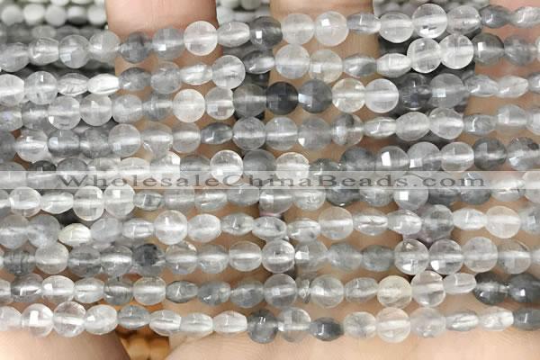 CCB533 15.5 inches 4mm faceted coin cloudy quartz beads