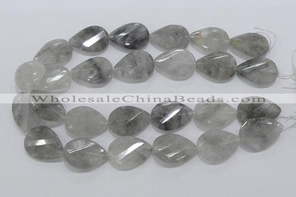 CCQ173 22*30mm twisted & faceted flat teardrop cloudy quartz beads