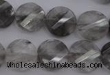 CCQ273 15.5 inches 15mm faceted & twisted coin cloudy quartz beads