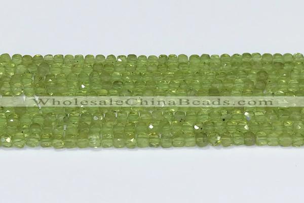 CCU836 15 inches 4mm faceted cube olive quartz beads