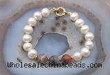 CFB1032 Hand-knotted 9mm - 10mm potato white freshwater pearl & botswana agate bracelet