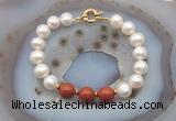 CFB1046 Hand-knotted 9mm - 10mm potato white freshwater pearl & red jasper bracelet