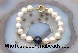 CFB1072 Hand-knotted 9mm - 10mm potato white freshwater pearl & blue tiger eye bracelet