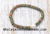 CFB757 faceted rondelle unakite & potato white freshwater pearl stretchy bracelet