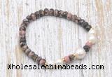 CFB765 faceted rondelle rhodonite & potato white freshwater pearl stretchy bracelet