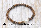 CFB766 faceted rondelle yellow tiger eye & potato white freshwater pearl stretchy bracelet