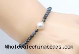 CFB829 4mm faceted round snowflake obsidian & potato white freshwater pearl bracelet