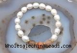 CFB913 9mm - 10mm rice white freshwater pearl & rainbow moonstone stretchy bracelet