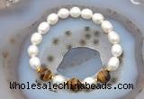 CFB915 9mm - 10mm rice white freshwater pearl & yellow tiger eye stretchy bracelet