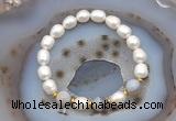 CFB918 9mm - 10mm rice white freshwater pearl & grey banded agate stretchy bracelet