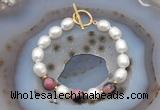 CFB929 Hand-knotted 9mm - 10mm rice white freshwater pearl & rhodonite bracelet