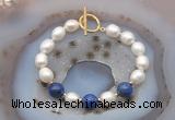 CFB941 Hand-knotted 9mm - 10mm rice white freshwater pearl & lapis lazuli bracelet