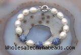 CFB942 Hand-knotted 9mm - 10mm rice white freshwater pearl & blue spot stone bracelet