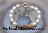 CFB949 Hand-knotted 9mm - 10mm rice white freshwater pearl & picasso jasper bracelet