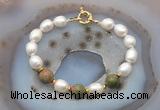 CFB953 Hand-knotted 9mm - 10mm rice white freshwater pearl & unakite bracelet