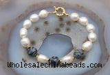 CFB956 Hand-knotted 9mm - 10mm rice white freshwater pearl & snowflake obsidian bracelet