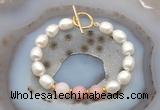 CFB965 Hand-knotted 9mm - 10mm rice white freshwater pearl & pink opal bracelet