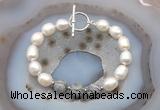 CFB969 Hand-knotted 9mm - 10mm rice white freshwater pearl & grey picture jasper bracelet