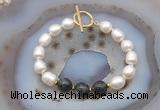 CFB977 Hand-knotted 9mm - 10mm rice white freshwater pearl & black labradorite bracelet