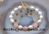 CFB984 Hand-knotted 9mm - 10mm rice white freshwater pearl & candy jade bracelet