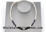 CFN127 potato white freshwater pearl & black banded agate necklace, 16 - 24 inches