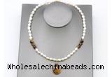 CFN158 baroque white freshwater pearl & yellow tiger eye necklace with pendant