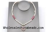 CFN163 baroque white freshwater pearl & pink wooden jasper necklace with pendant