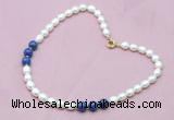 CFN305 Rice white freshwater pearl & lapis lazuli necklace, 16 - 24 inches