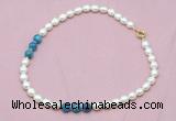 CFN315 9 - 10mm rice white freshwater pearl & apatite necklace wholesale